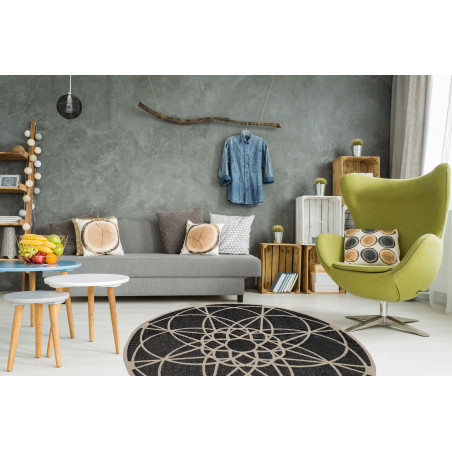 Tapis d'Extérieur Collection Skandi Look Tondo Ecru Black Tapis d'Extérieur Collection Skandi Look Tondo Ecru Black