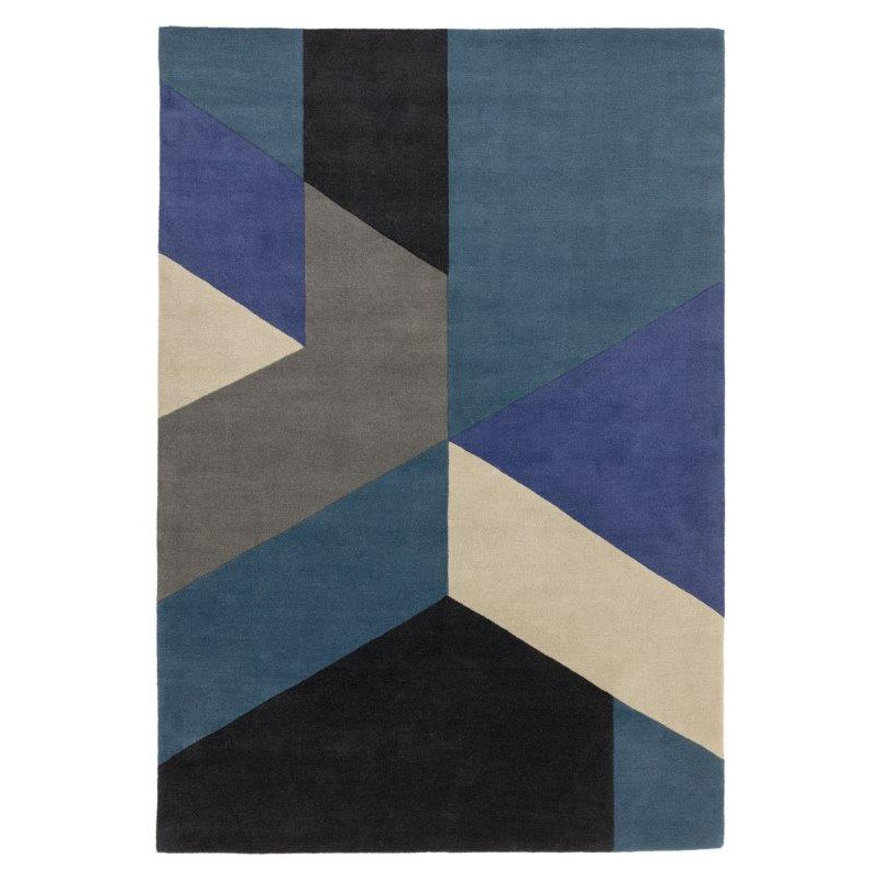 Tapis moderne géométrique pure laine tufté main Koura bleu - JOSEPH LEBON