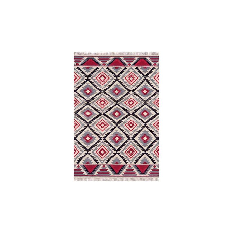 Tapis tissé main laine et coton motifs kilim rouges, gris, noirs Arabic - JOSEPH LEBON
