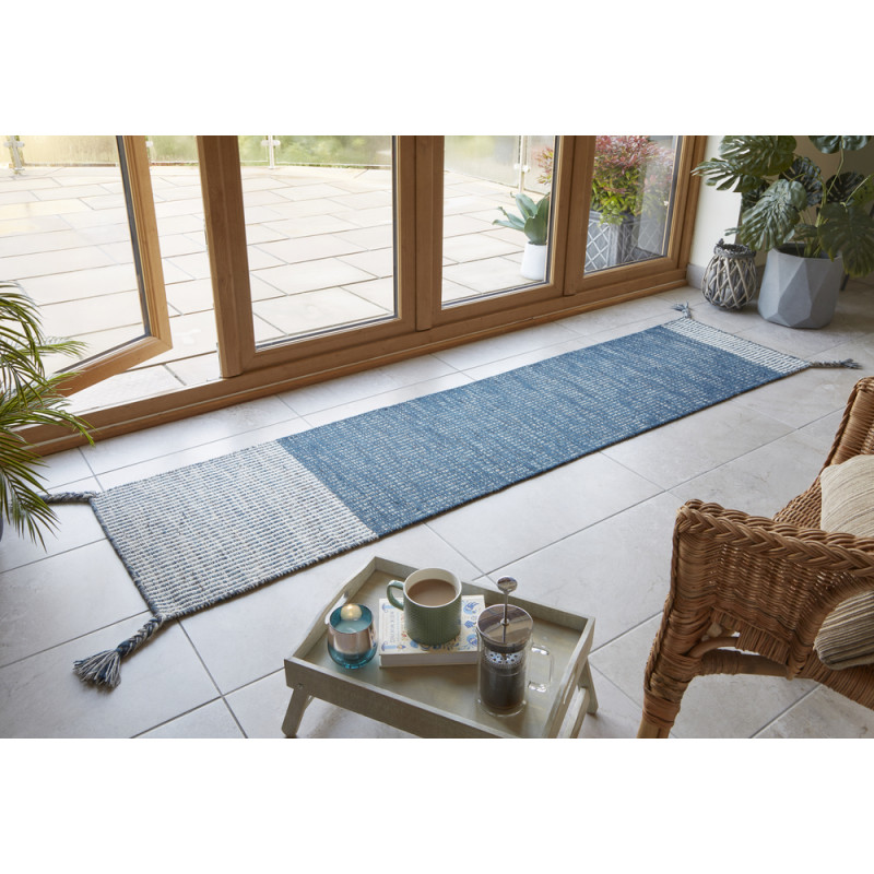 Tapis de couloir en laine bleu et ivoire