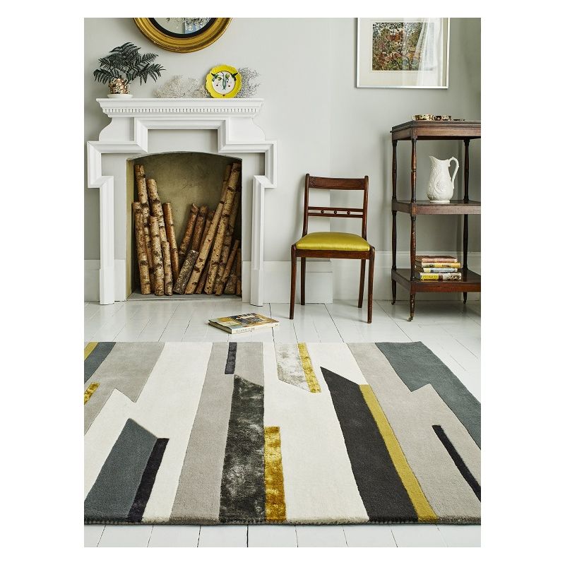 Tapis contemporain de salon en laine gris blanc et or Vendôme 