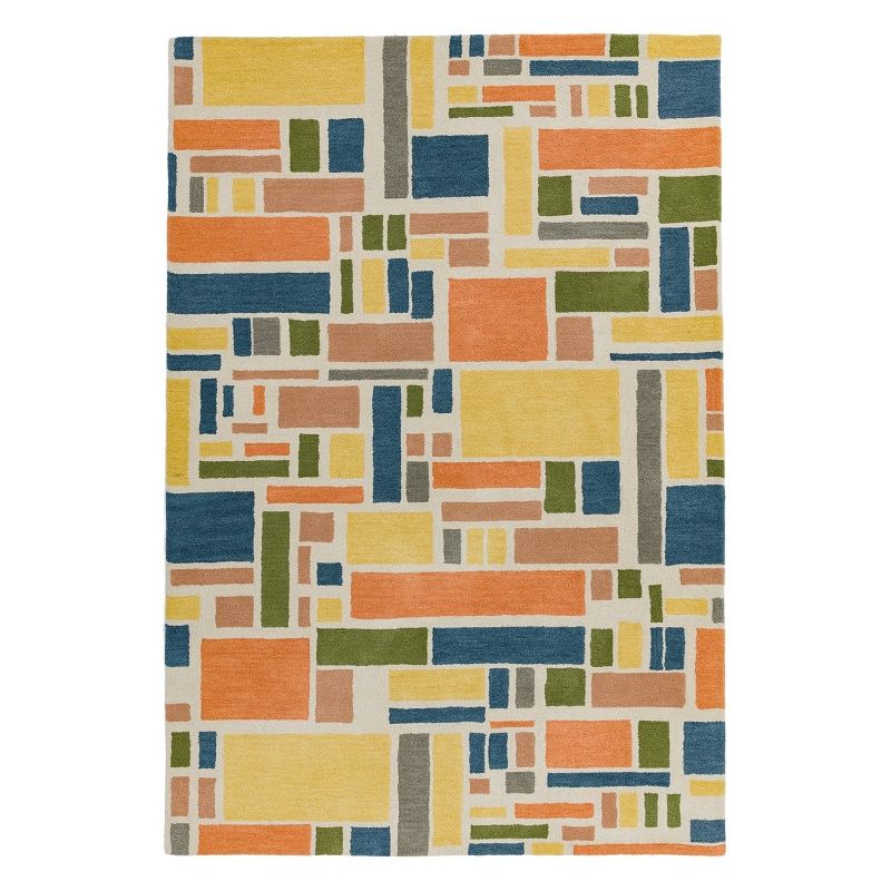 Tapis de salon contemporain pure laine tuftée main tetris bleu orange Oleniok