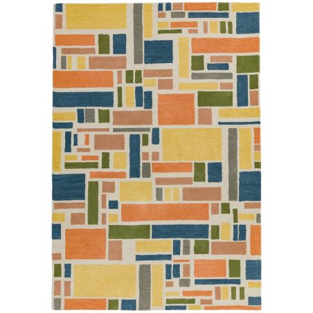 Tapis de salon contemporain pure laine tuftée main tetris bleu orange Oleniok