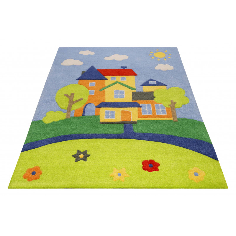 Tapis d'enfant maison colorée nuages et soleil en polyester