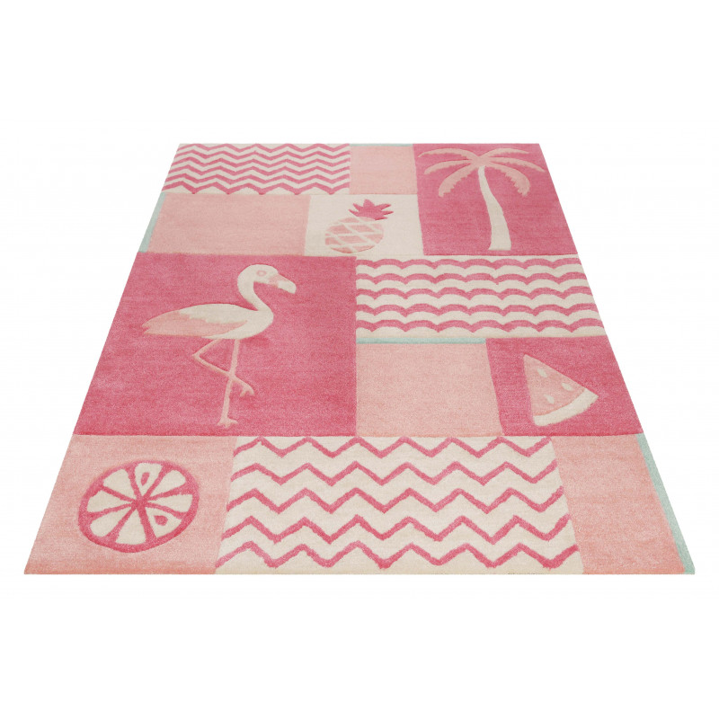Tapis enfant flamant rose ambiance tropical en polyester