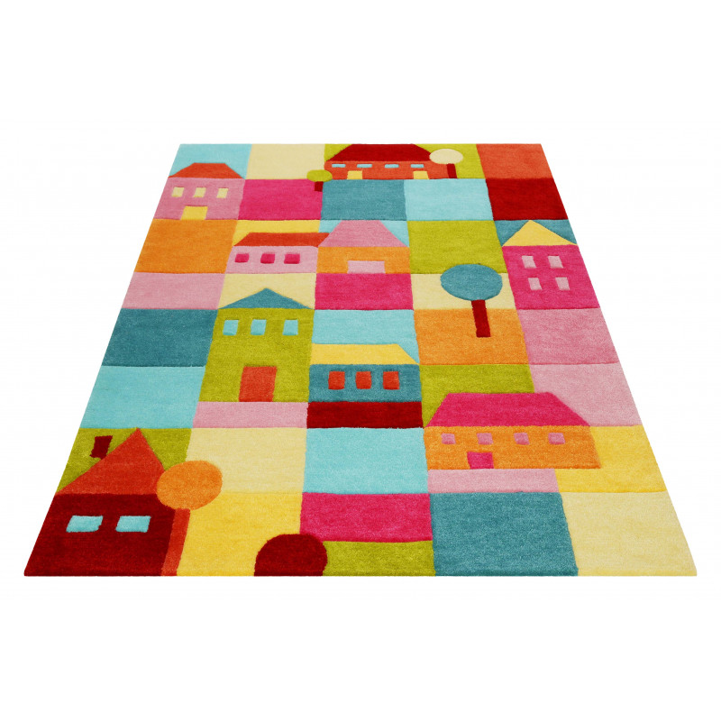 Tapis de chambre enfant multicolore maisons couleurs vives