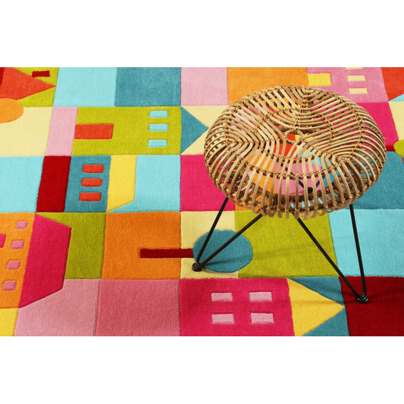 Tapis d'enfant tufté main en polyester motifs maisons colorées