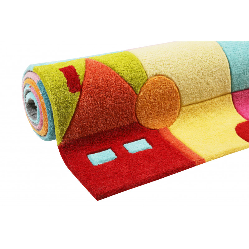 Tapis enfant multicolore tufté main maisons à carreaux couleurs vives