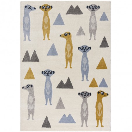 Tapis chambre d'enfant Suricate jaune, gris, bleu et ivoire 120 x 170 cm