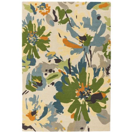 Tapis fleuri pure laine tuftée main Jardin des Fleurs vert multi