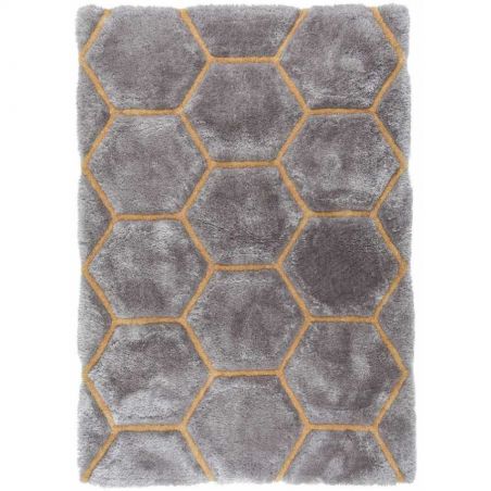 Tapis de salon shaggy épais en relief Gris / Ocre Honeycomb