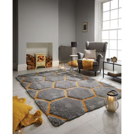 Tapis de salon shaggy épais en relief Gris / Ocre Honeycomb Tapis de salon shaggy épais en relief Gris / Ocre Honeycomb