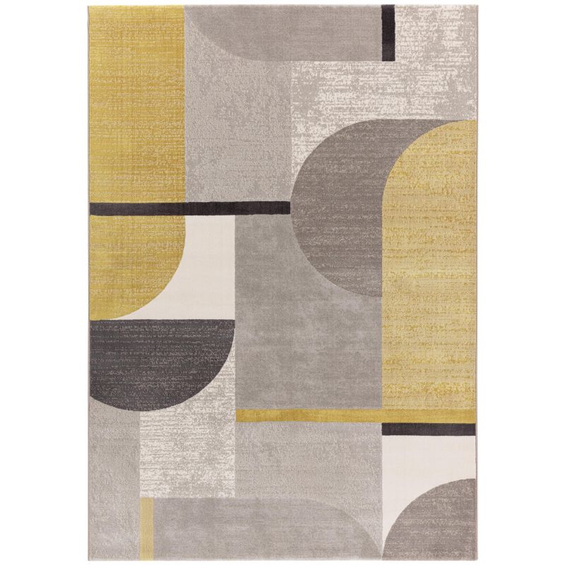 Tapis de salon art déco Alya polyester dessins géométriques gris, marron clair et jaune moutarde