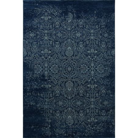 Tapis de salon classique pure laine Uranus bleu dessin fleurs ton sur ton