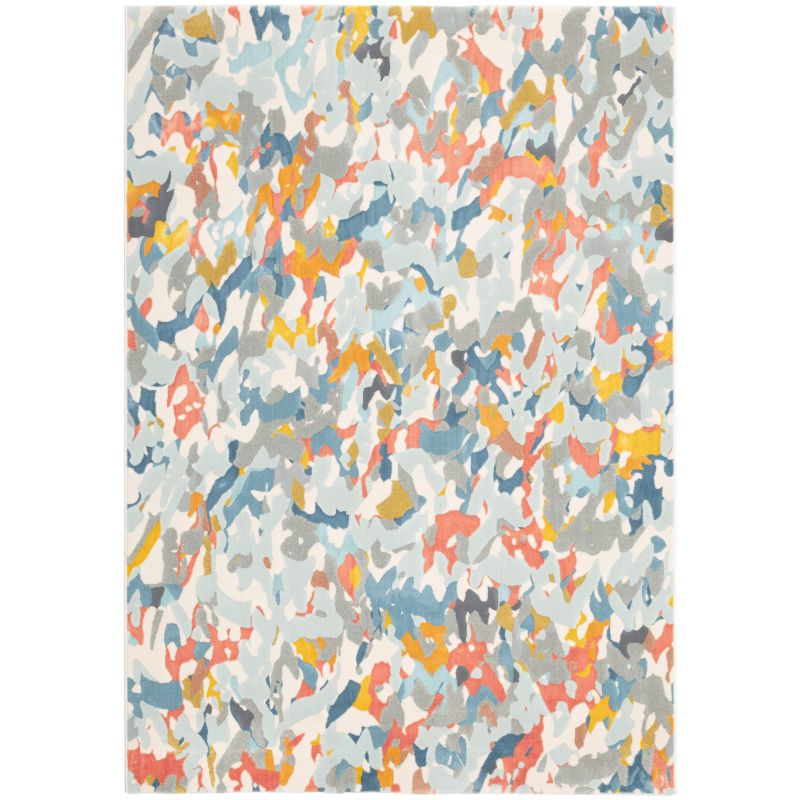 Tapis de salon moderne Thor motif grafitti pastel gris, bleu, orange corail