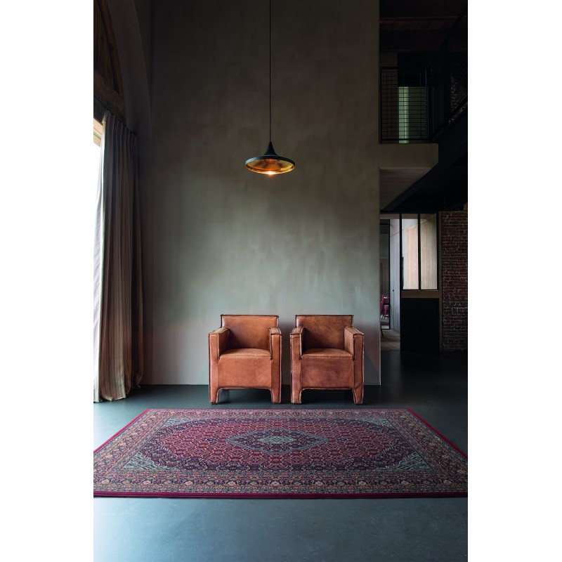 Tapis haut de gamme Mercure dessins orientaux avec bordure et médaillon central rouge et bleu