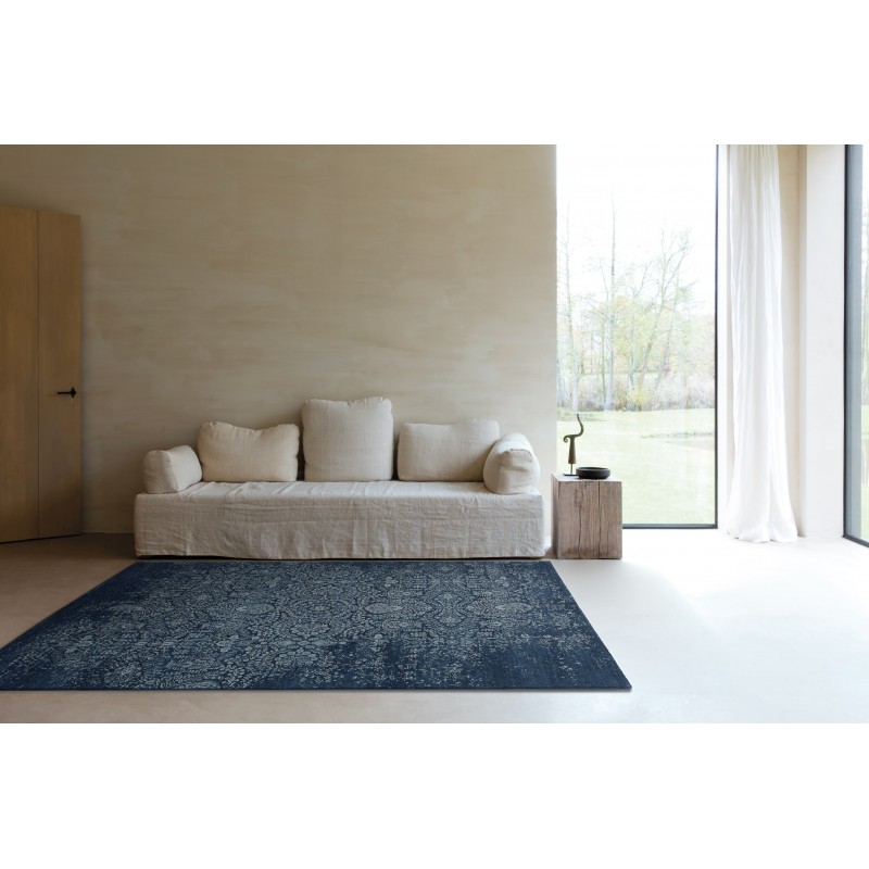 Tapis de salon classique pure laine Uranus bleu dessin fleurs ton sur ton