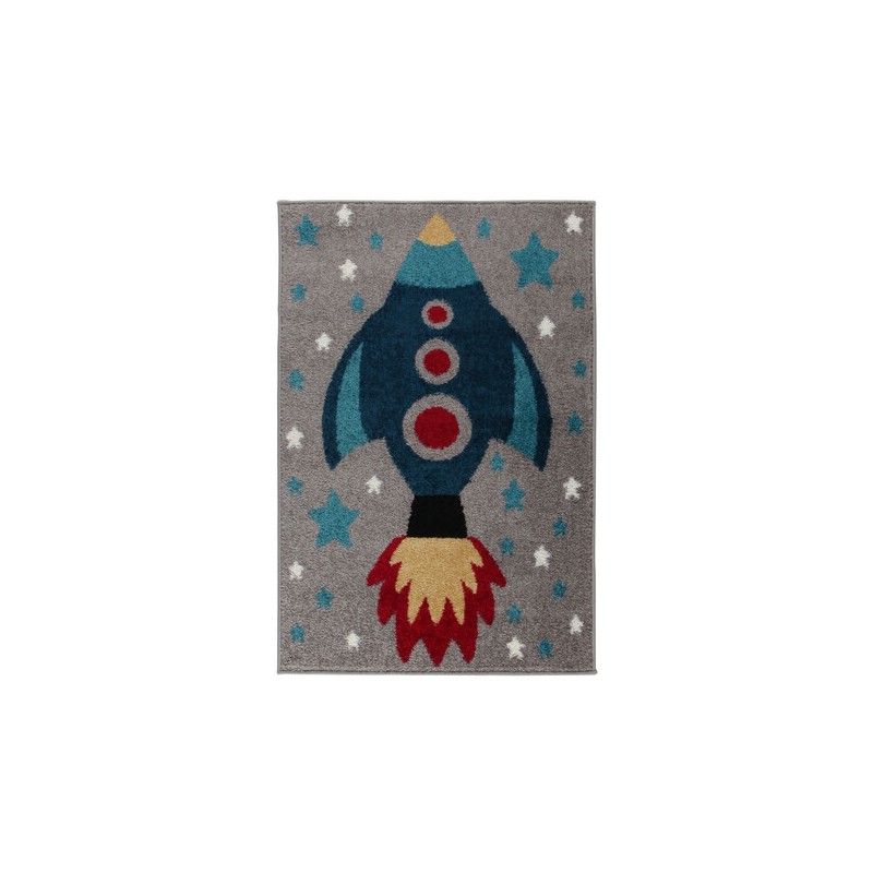 Tapis enfant gris et fusée bleu par flair rugs