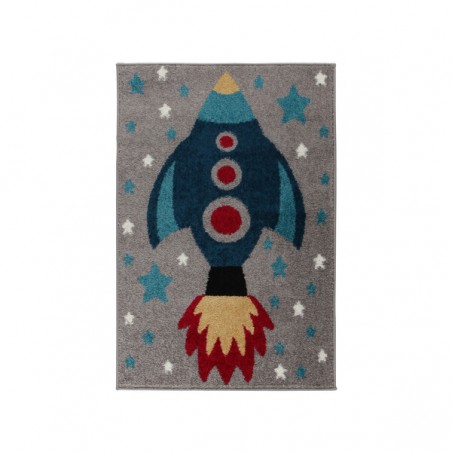 Tapis enfant gris et fusée bleu par flair rugs