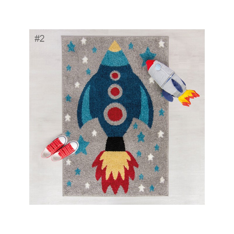 Tapis enfant gris avec fusée bleu ambiance