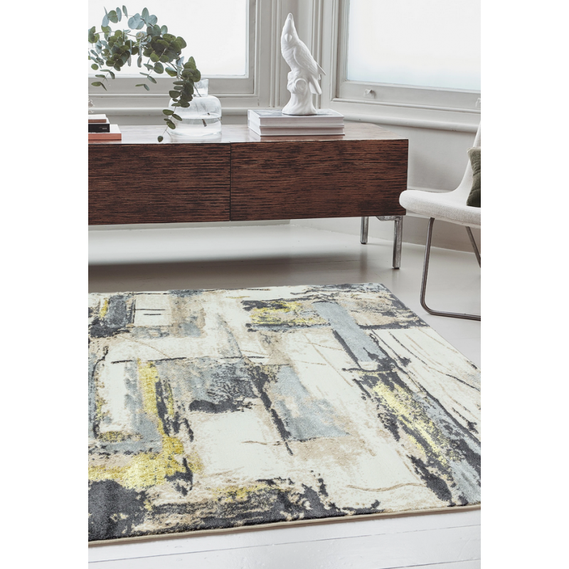 photo ambiance tapis orion jaune et gris motifs abstraits