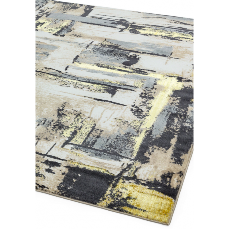 zoom tapis orion jaune et gris motifs abstraits et géométriques
