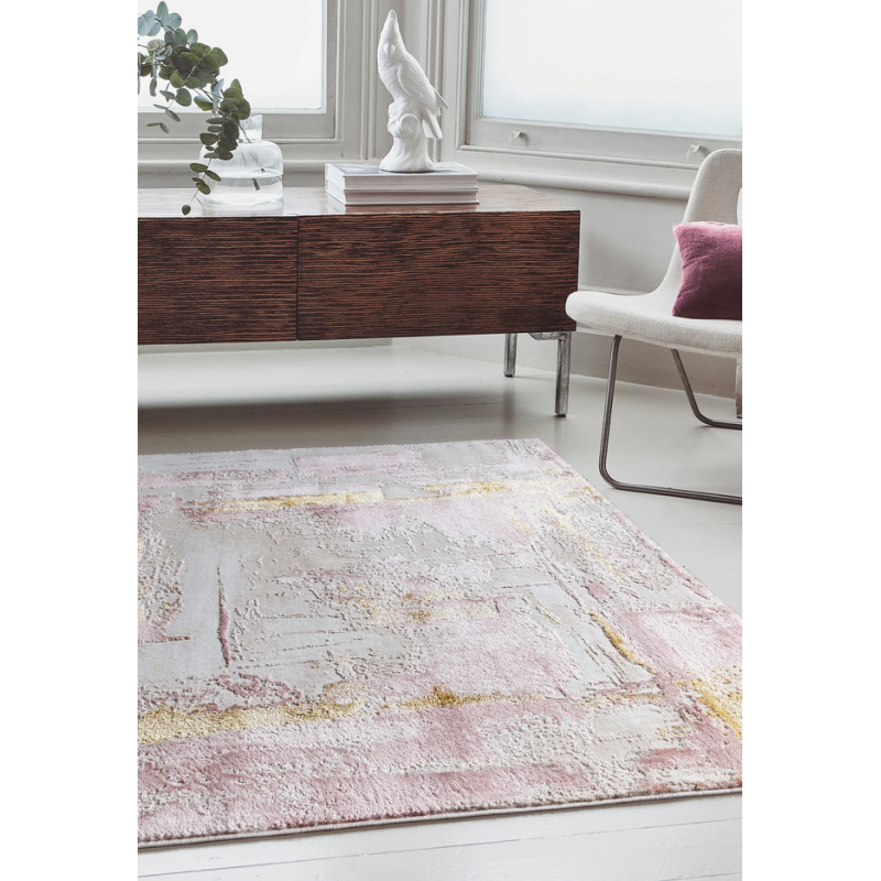 Photo ambiance tapis orion rose et or motifs abstraits