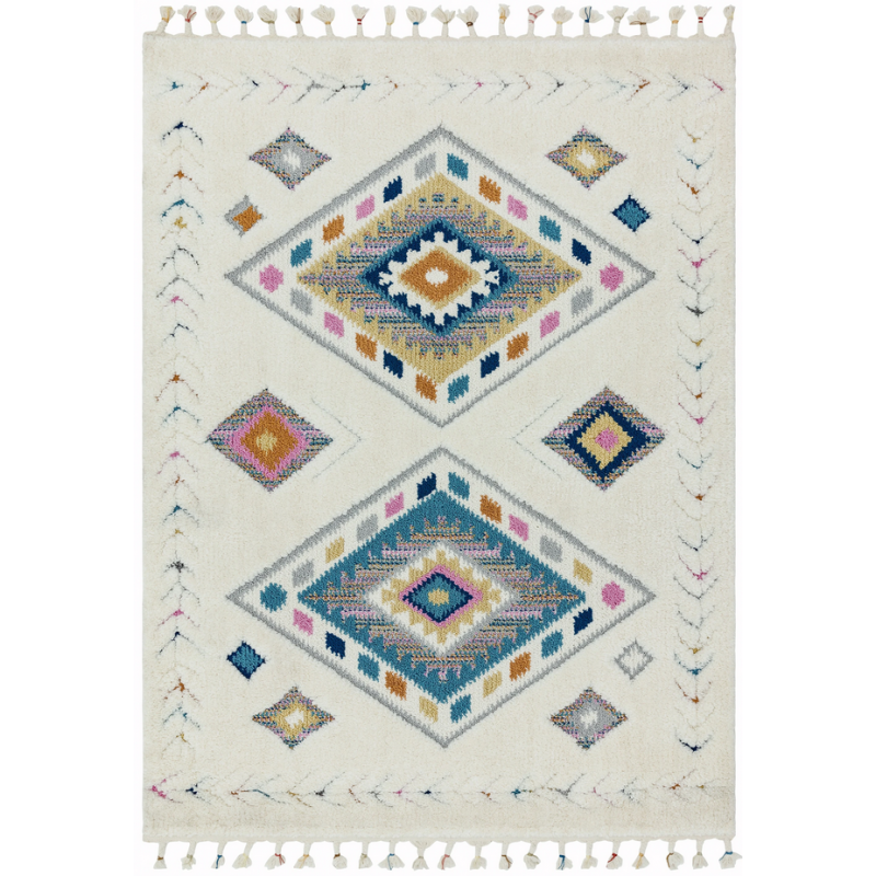 tapis motifs ethniques losange sur fond creme avec franges