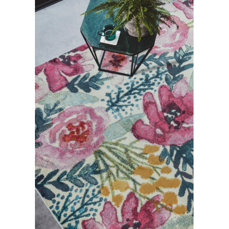 Tapis moderne fleuri rose bleu vert en polyester Amelie Tapis moderne fleuri rose bleu vert en polyester Amelie
