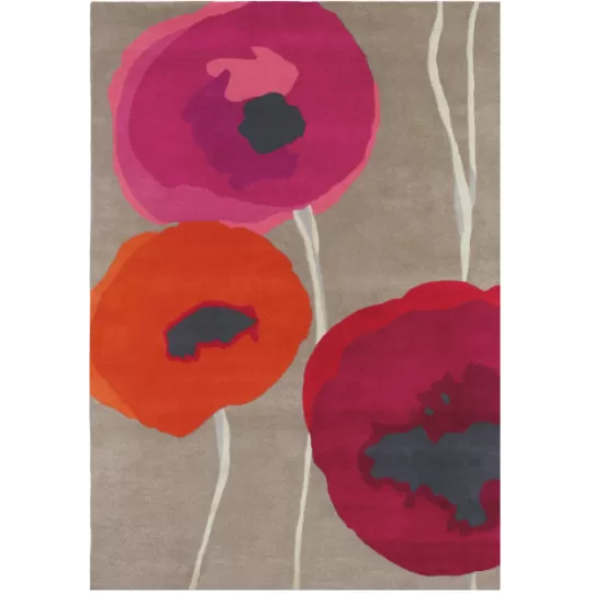 Tapis de salon en pure laine fleurs Popies Rouge et Orange