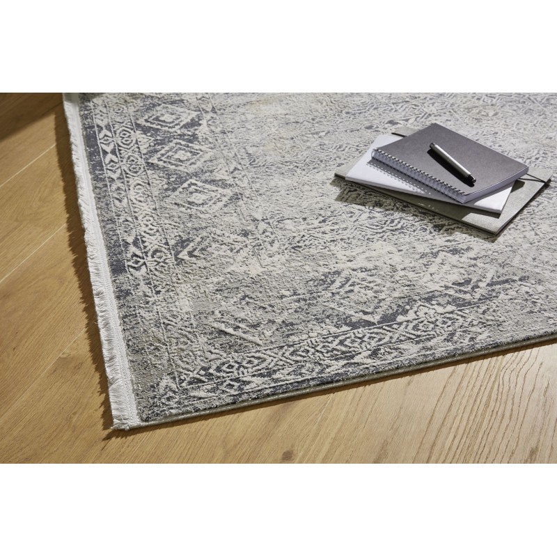 Tapis Vintage Positano Noir et gris motifs anciens en viscose et acrylique