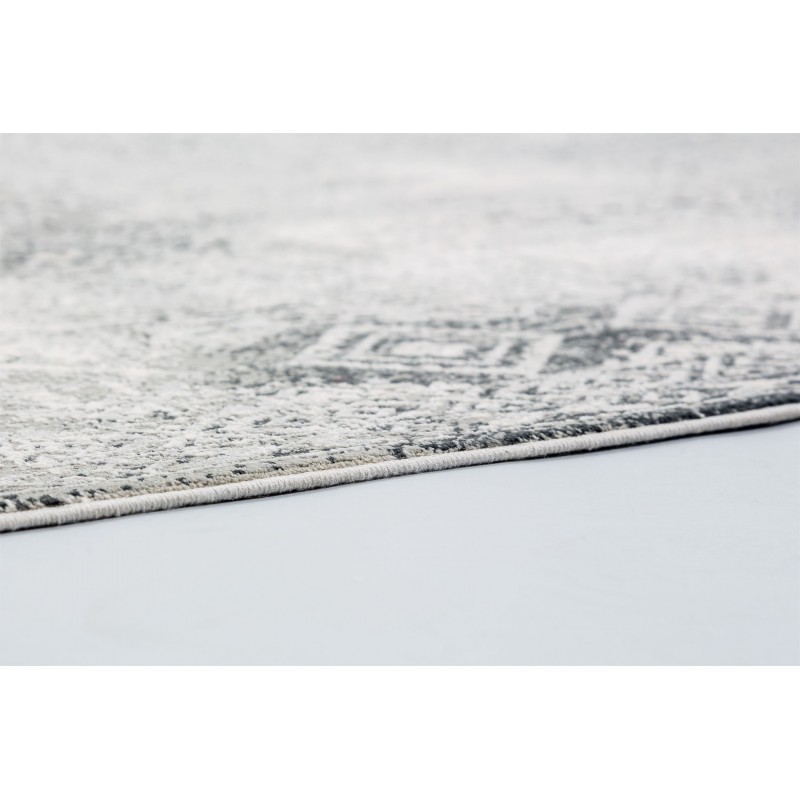 Tapis Vintage Positano Noir et gris motifs anciens en viscose et acrylique