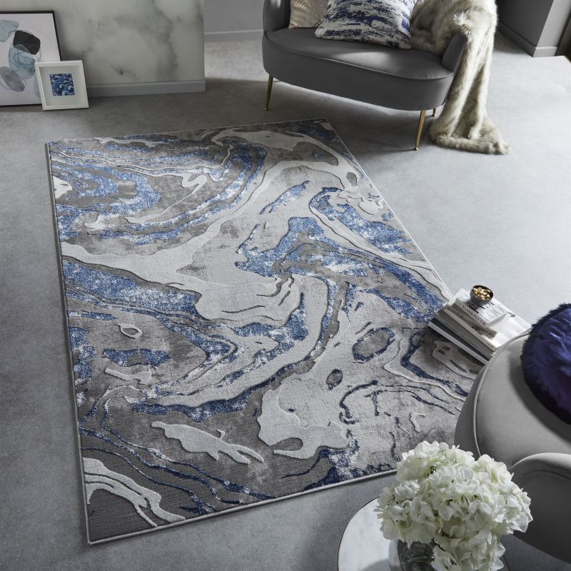 Tapis de salon en fibre synthétique Marbled bleu marine