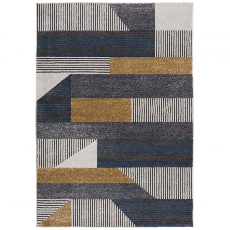 Tapis de salon à motifs géométriques Brix bleu et ocre