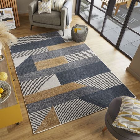Tapis de salon à motifs géométriques Brix bleu et ocre Tapis de salon à motifs géométriques Brix bleu et ocre