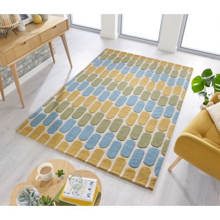 Tapis de salon classique pure laine Uranus bleu dessin fleurs ton