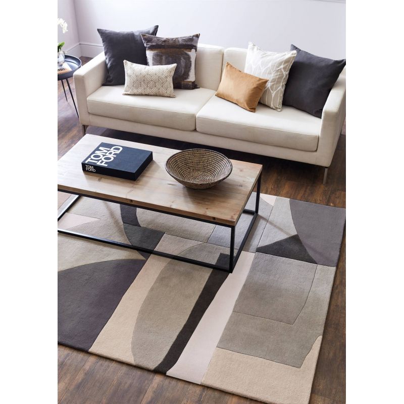 Tapis en laine formes géométrique en laine gris, noir et crème Bodega Stone