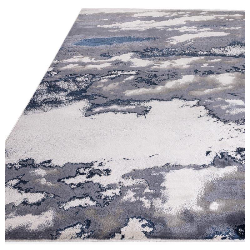 Tapis de salon contemporain polyester Angara Storm bleu, gris foncé et gris clair