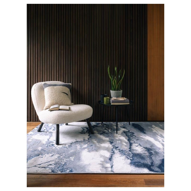 Tapis de salon contemporain polyester Angara Storm bleu, gris foncé et gris clair