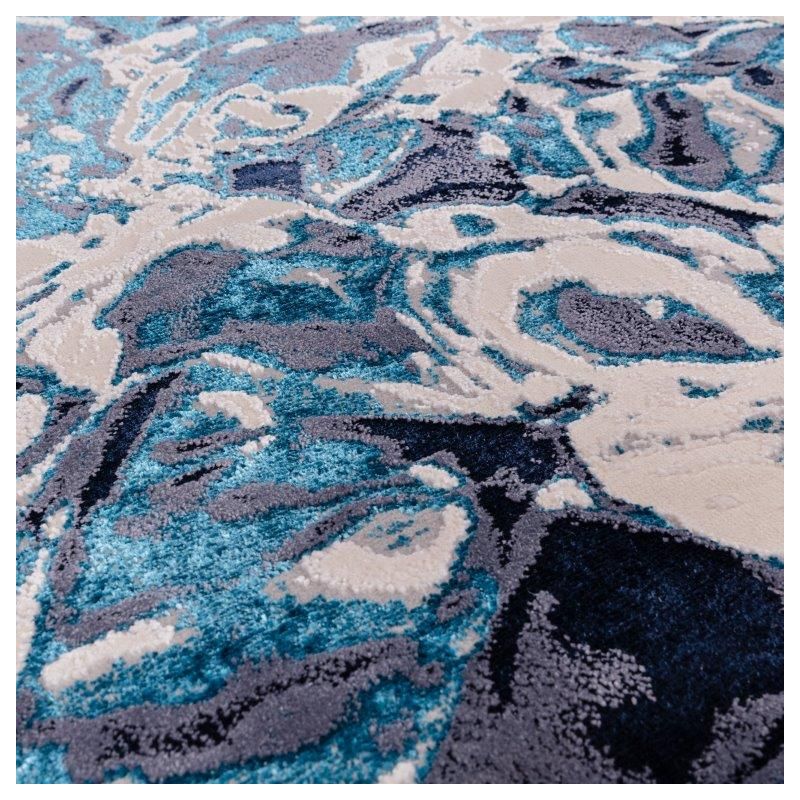 Tapis de salon contemporain polyester Angara Foam nuances de bleu, gris et écru