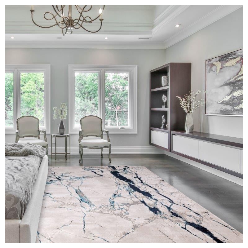 Tapisde salon contemporain polyester Angara Quake nuances de bleu, gris et écru