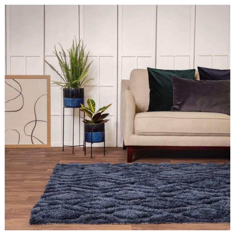 Tapis shaggy haut de gamme en polyester Cordoba bleu marine