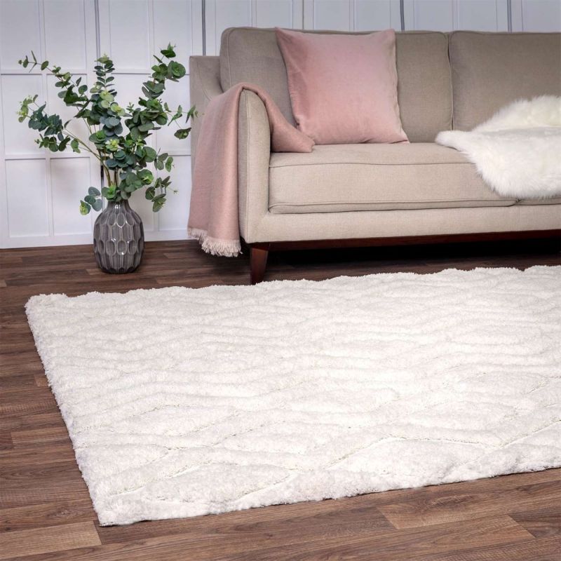 Tapis shaggy haut de gamme en polyester Cordoba blanc cassé