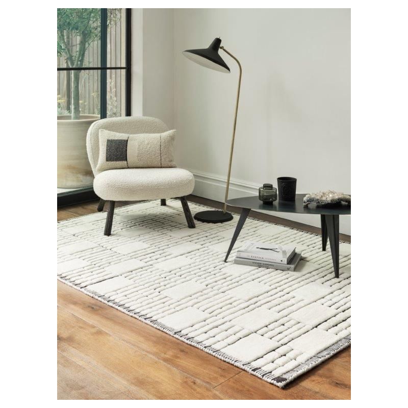 Tapis de salon moderne en laine de Nouvelle-Zélande Ushuaïa crème et noir