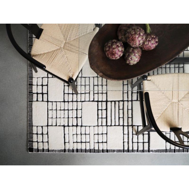 Tapis de salon moderne en laine de Nouvelle-Zélande Ushuaïa crème et noir