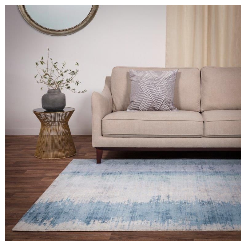 Tapis de salon moderne viscose tissé main nuances de bleus Rosario