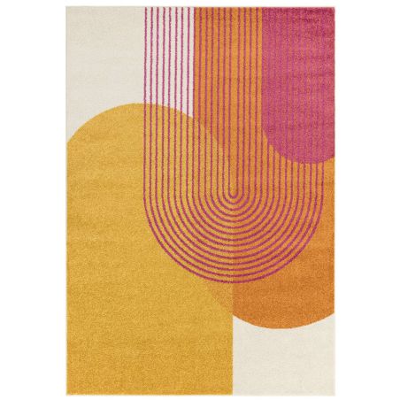 Tapis moderne art deco en polypropylène Corrientes rose, orange, jaune et crème