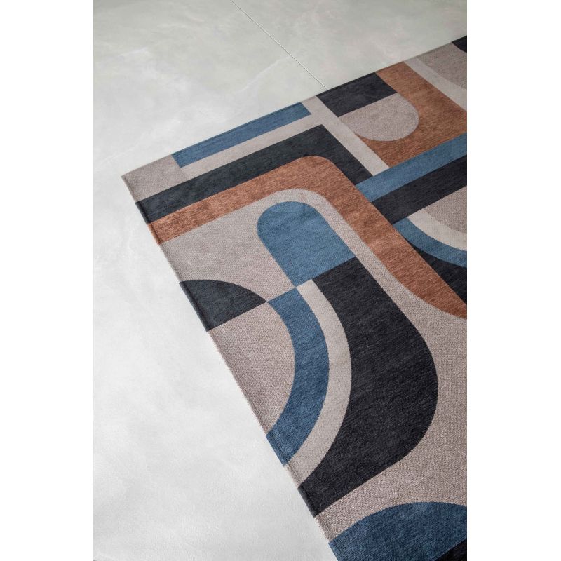 Tapis de salle à manger style art deco en polyester Module bleu et camel