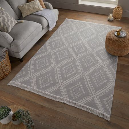 Tapis de salon en coton recyclé Alix blanc et gris Tapis de salon en coton recyclé Alix blanc et gris