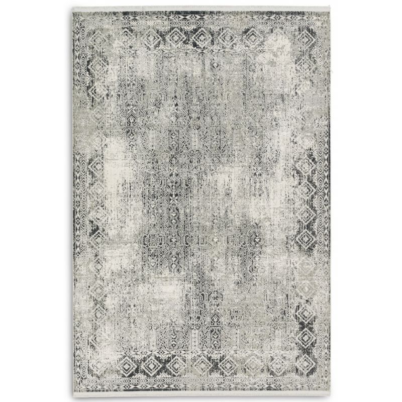 Tapis Vintage Positano Noir et gris motifs anciens en viscose et acrylique